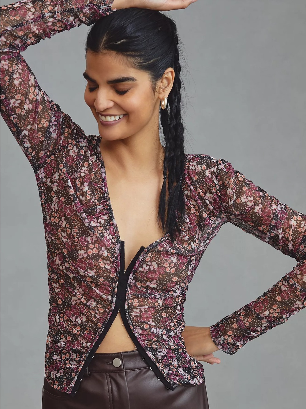 Anthropologie Dark Floral Mesh Top Hook & Eye Ruched Whimsigoth Women’s Medium